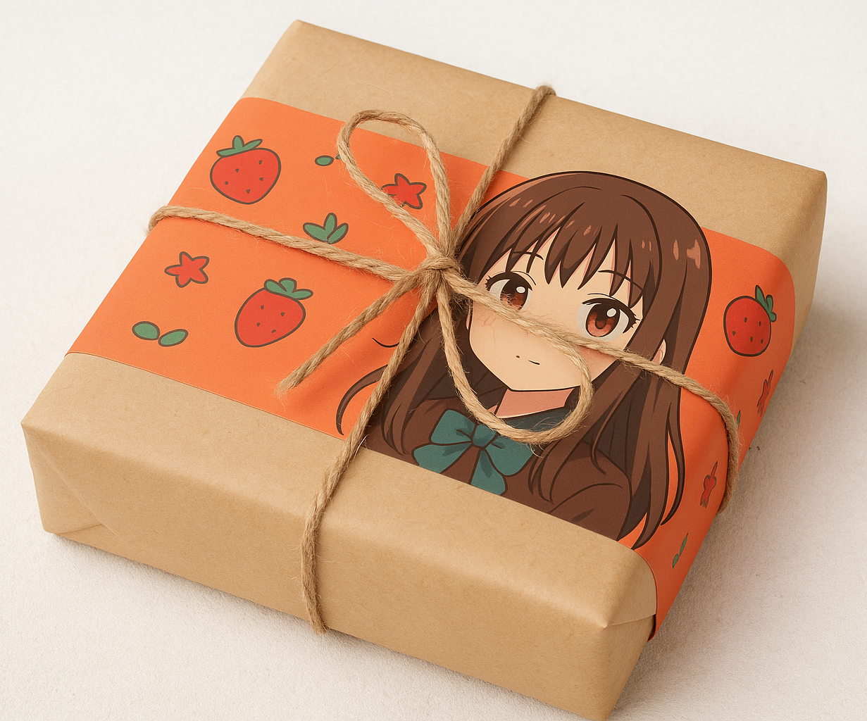 Gift box wrapped in brown paper with orange decorative paper featuring an illustration of a girl with brown hair and a bow tie.